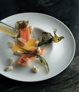 Red mullet with white bean and jamón 'gnocchi' and saffron