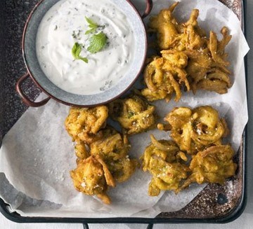 Red onion & chilli bhajis with mint & garlic raita