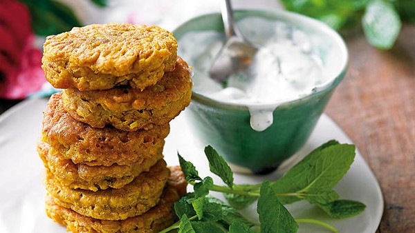 Red onion bhajis with minted raita