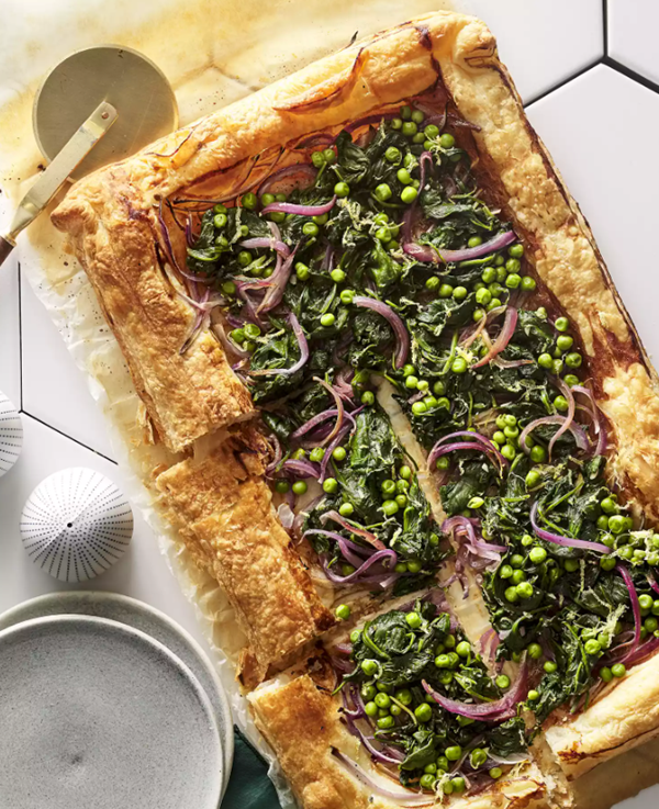 Red onion, pea and spinach tart