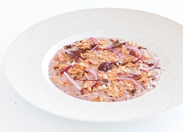 Red onion risotto with foie gras and spiced coffee