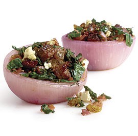 Red onions stuffed with grilled steak, spinach, and feta