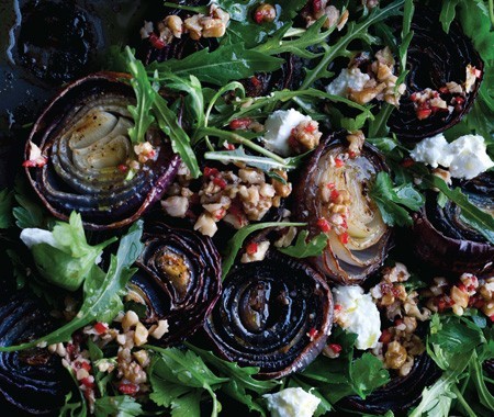 Red onions with walnut salsa