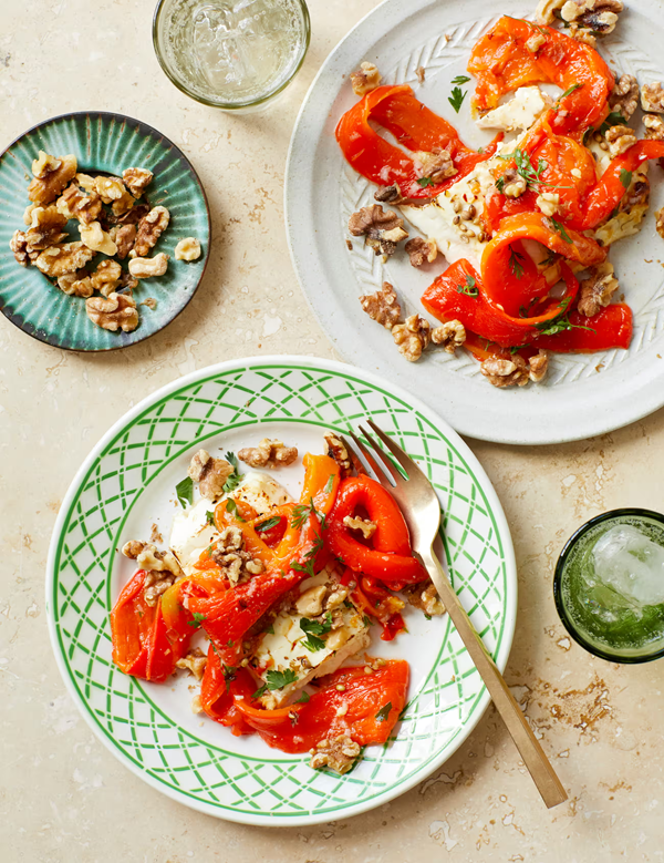 Red pepper and baked feta salad with walnuts