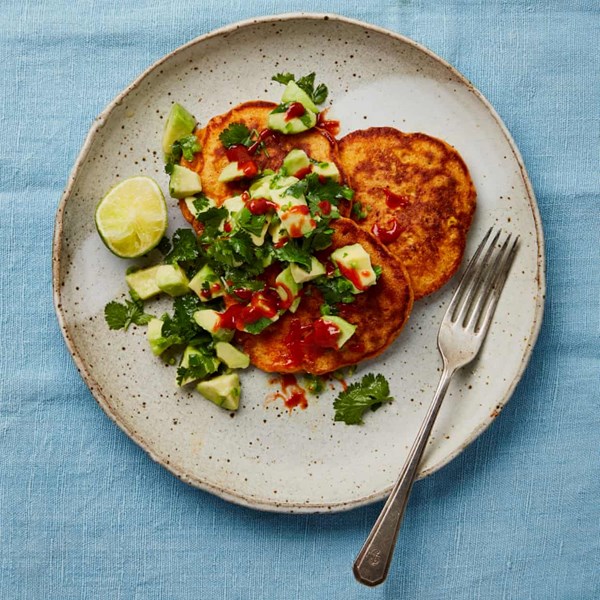Red pepper, corn and Sriracha pancakes