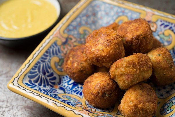 Red pepper crab croquetas with garlic-almond sauce