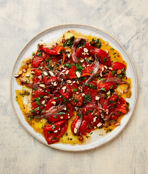 Red pepper salad with anchovies and almonds