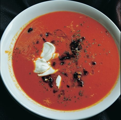 Red pepper soup with olives, lemon zest, and yogurt