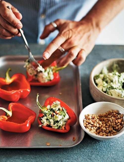 Red peppers stuffed with herbed goat's cheese