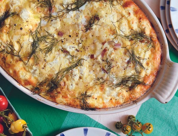Red potato & leek frittata with goat cheese & dill