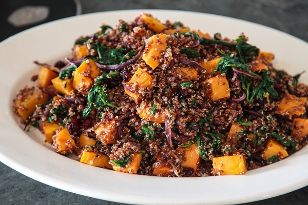 Red quinoa salad with butternut squash and spinach