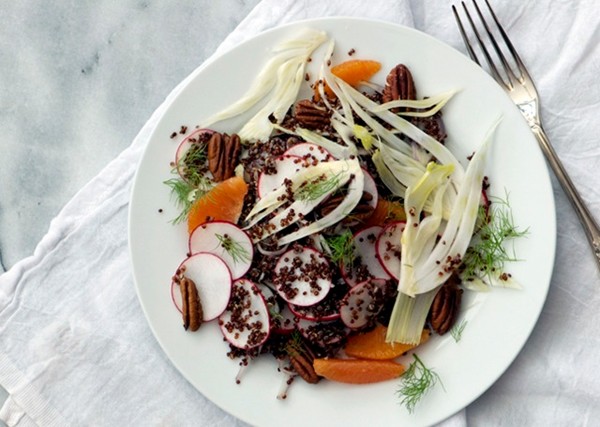 Red quinoa, shaved fennel, and radish salad with citrus dressing