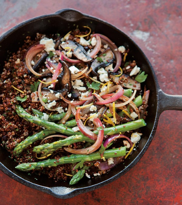 Red quinoa with asparagus, portobellos & feta