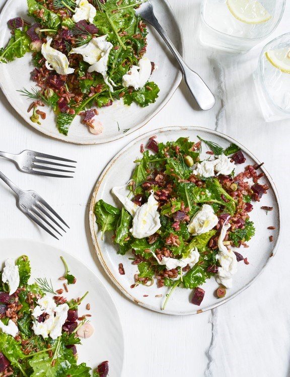 Red rice and kale salad with burrata and beets