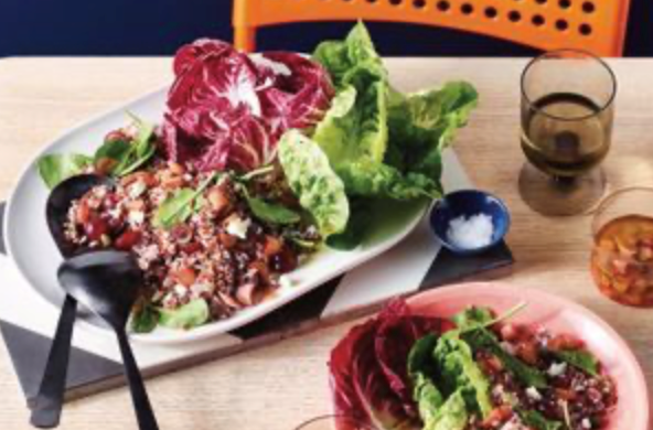 Red rice, baby spinach and ricotta salad with rhubarb dressing