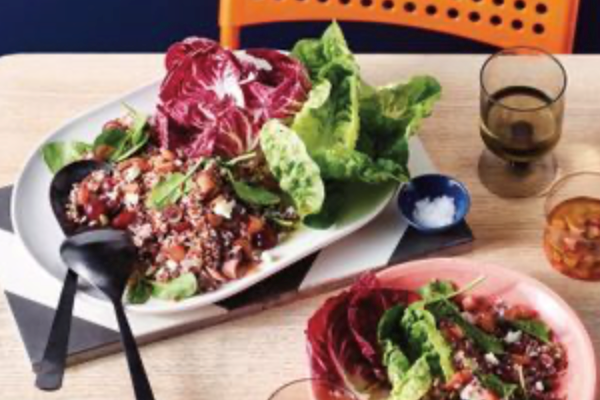 Red rice, baby spinach and ricotta salad with rhubarb dressing