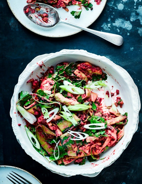 Red rice, courgette and avocado salad with a blitzed beetroot dressing