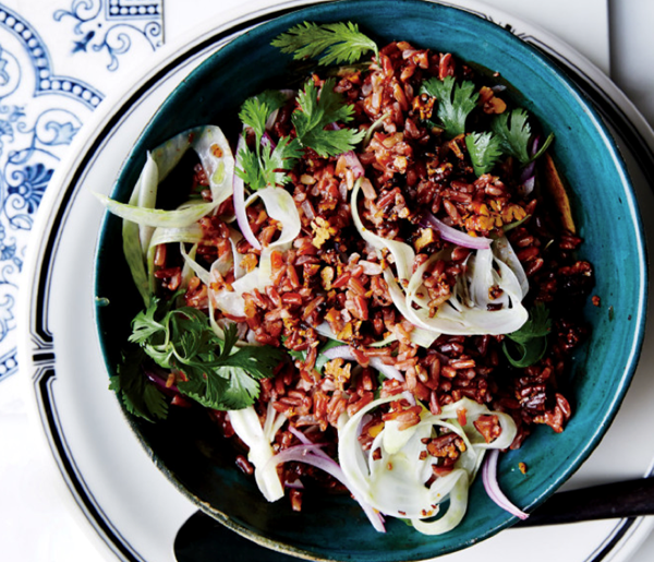 Red rice salad with pecans, fennel, and herbs