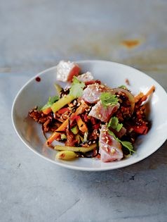 Red rice salad with raw fish and wasabi dressing (or Sally's sushi salad)