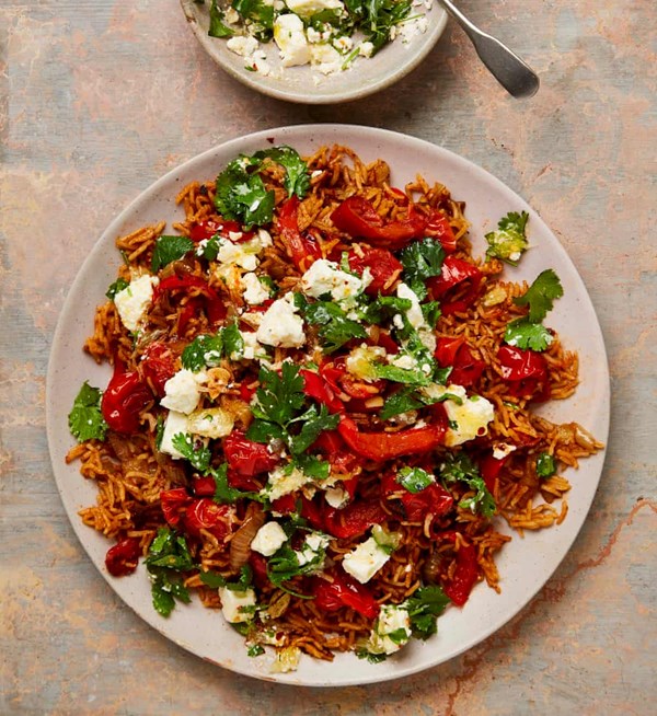 Red rice with feta and coriander