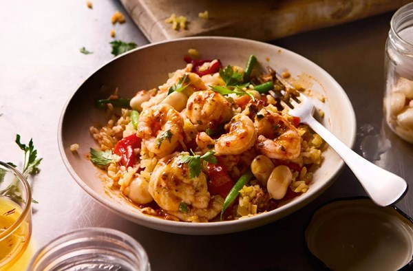 Red shrimp & monkfish with pil pil butter and paella rice