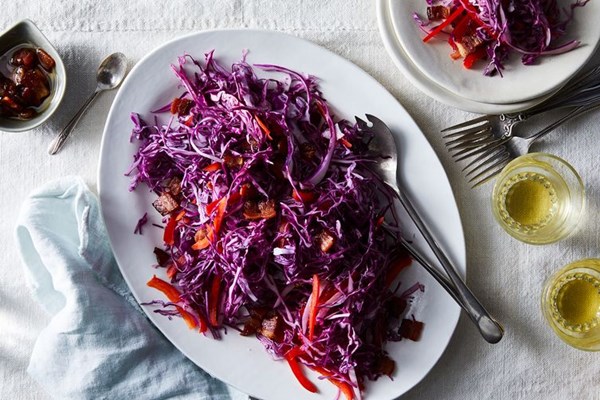 Red slaw with warm bacon dressing
