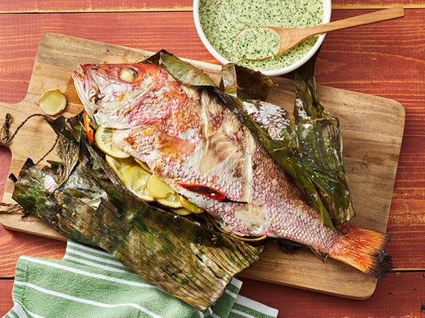 Red snapper grilled in banana leaves