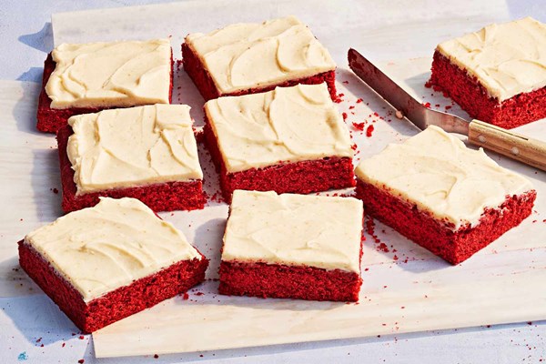 Red velvet beet bars with brown butter sour cream frosting