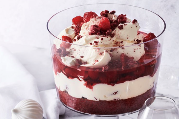 Red velvet berry trifle with gin jelly and rosewater cream