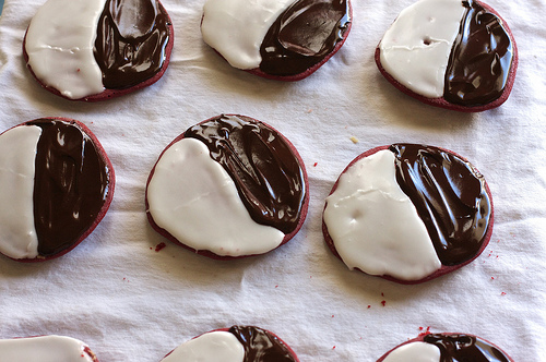 Red velvet black and white cookies