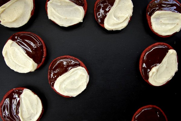 Red velvet black and white cookies