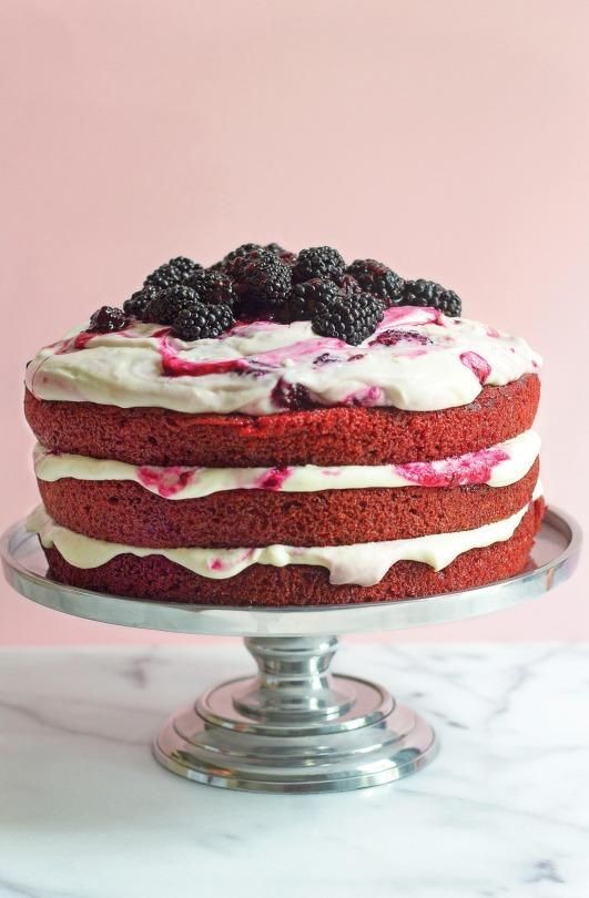 Red velvet cake with blackberry-cream cheese whipped frosting