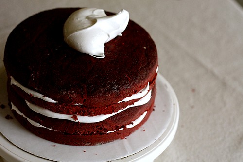 Red velvet cake with fluffy white frosting