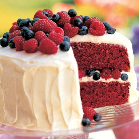 Red velvet cake with raspberries and blueberries