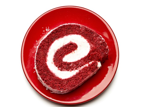 Red velvet-cherry cake roll
