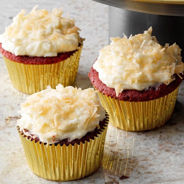 Red velvet cupcakes with coconut frosting