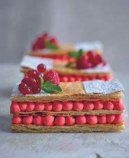 Red velvet Napoleons with redcurrants & raspberries