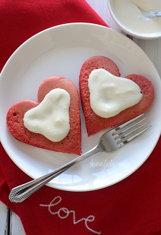 Red velvet pancakes with cream cheese topping