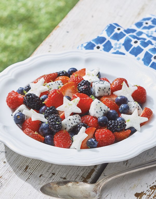 Red, white & blue fruit salad with honey-lime dressing