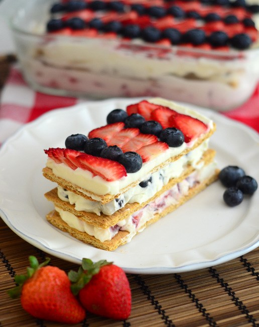 Red, white and blue berry icebox cake