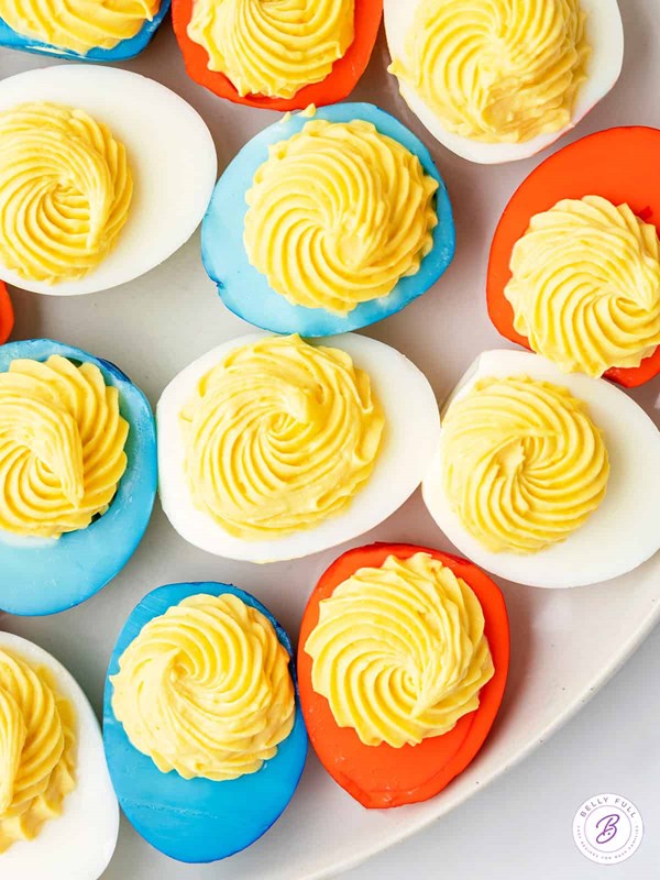 Red, white, and blue deviled eggs