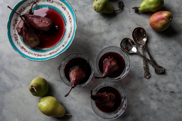 Red wine and cardamom poached pears