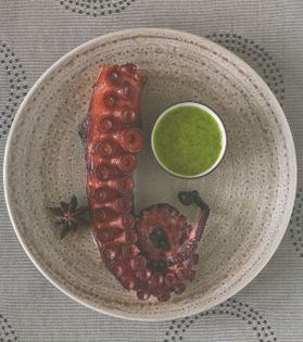 Red wine and star anise-braised octopus with coriander dressing