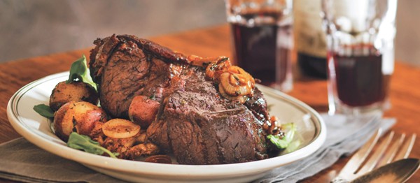 Red wine-braised beef with wild mushroom steak sauce