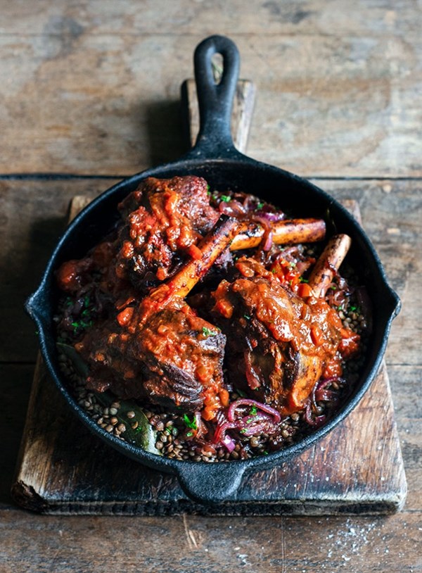Red wine braised lamb shanks with lentils
