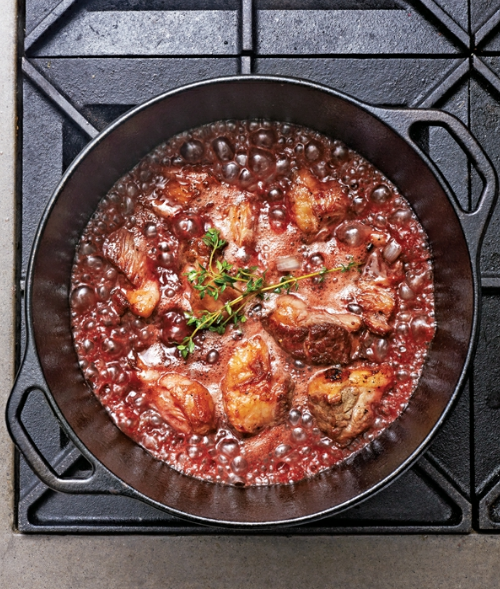 Red wine-braised short rib stew with potatoes, carrots, and mushrooms