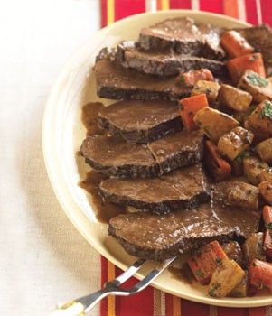 Red wine brasato with glazed root vegetables