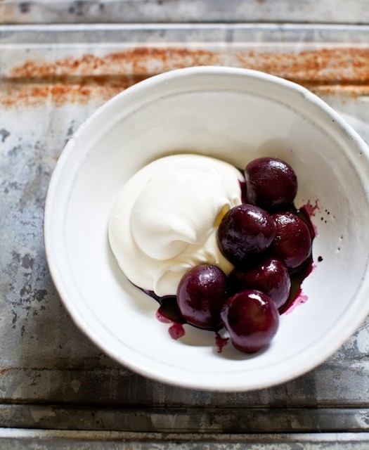 Red wine cherries with goat cheese & mascarpone mousse