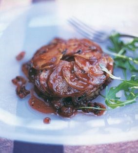 Red wine-glazed potato galette with shallots, chestnuts and lardons