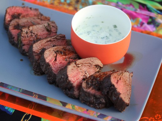 Red wine-marinated, roasted beef tenderloin with herb-horseradish cream
